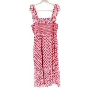 Vineyard Vines Chelsea Geo Red Sleeveless Ruffled Smocked Tiered Midi Dress L
